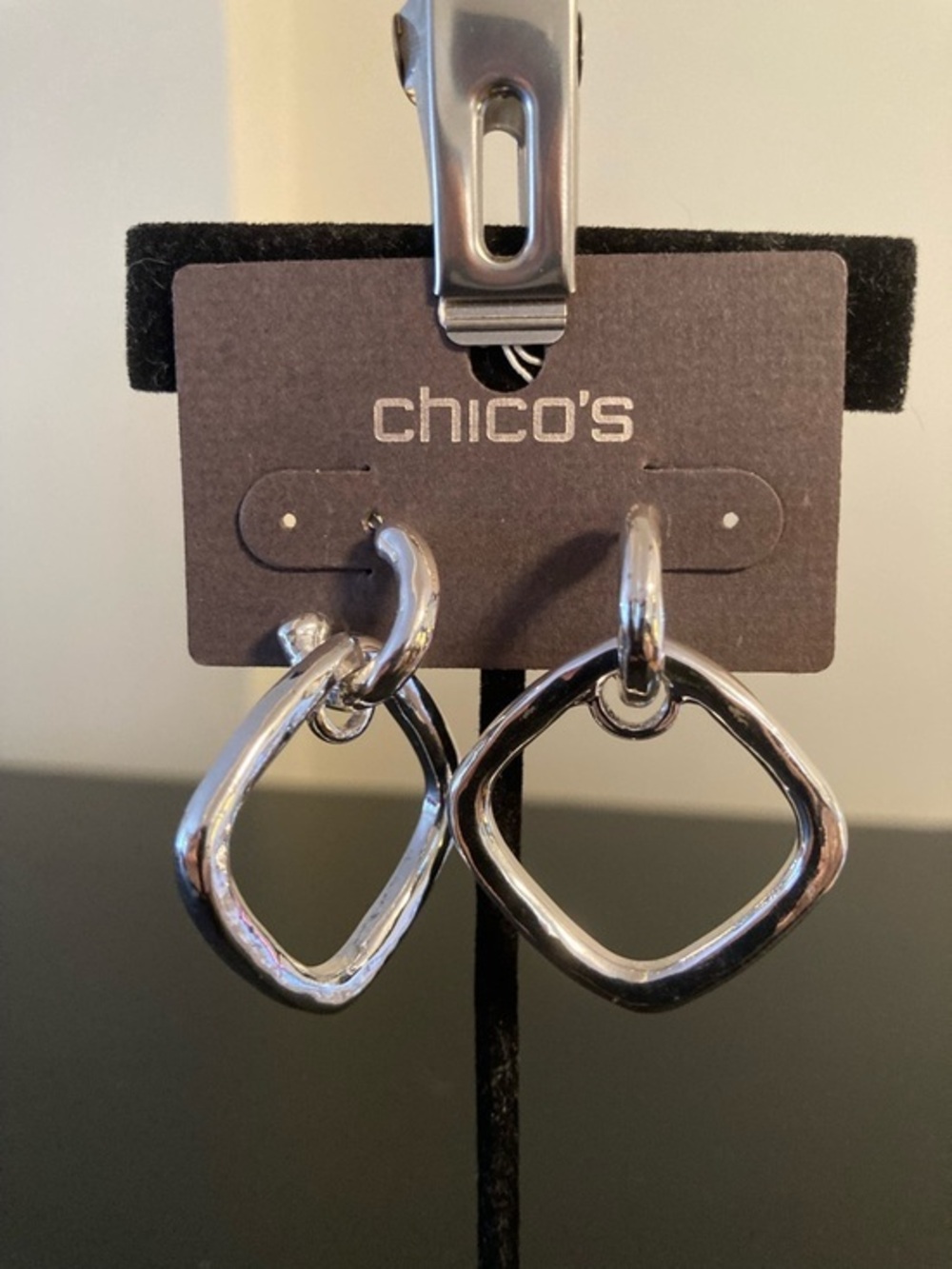 Chico's Shiny Silver Irregular Square Hoop Drop Earrings